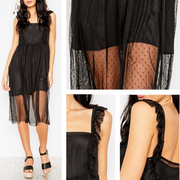 Black Polka Dot Sheer Mesh + Satin Slip Midi Dress - Picture 4 of 8